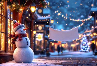 Primary subject: A snowman with a scarf and hat.

Setting/background: A snowy street with a building in the background.

Visual style: Digital art.

Colors and mood: The image is in black and white, giving it a classic and nostalgic feel.